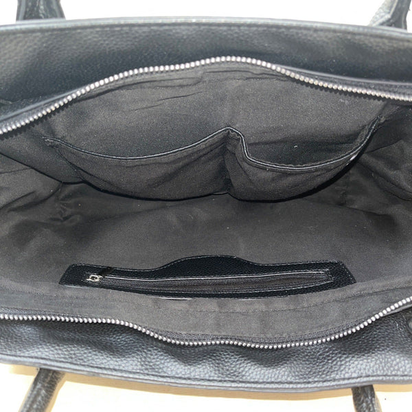 Maniere De Voir Black Faux Leather Looped Handle Multi Pocket City Tote Bag