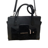 Maniere De Voir Black Faux Leather Looped Handle Multi Pocket City Tote Bag
