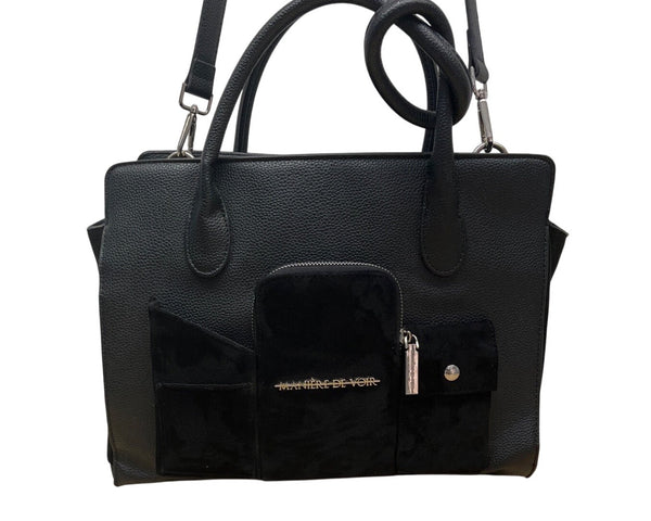 Maniere De Voir Black Faux Leather Looped Handle Multi Pocket City Tote Bag