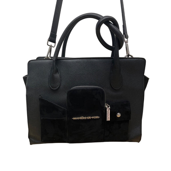 Maniere De Voir Black Faux Leather Looped Handle Multi Pocket City Tote Bag