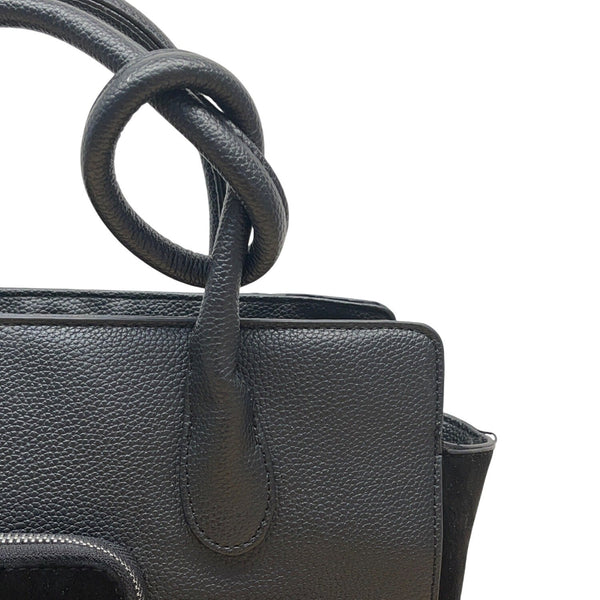 Maniere De Voir Black Faux Leather Looped Handle Multi Pocket City Tote Bag