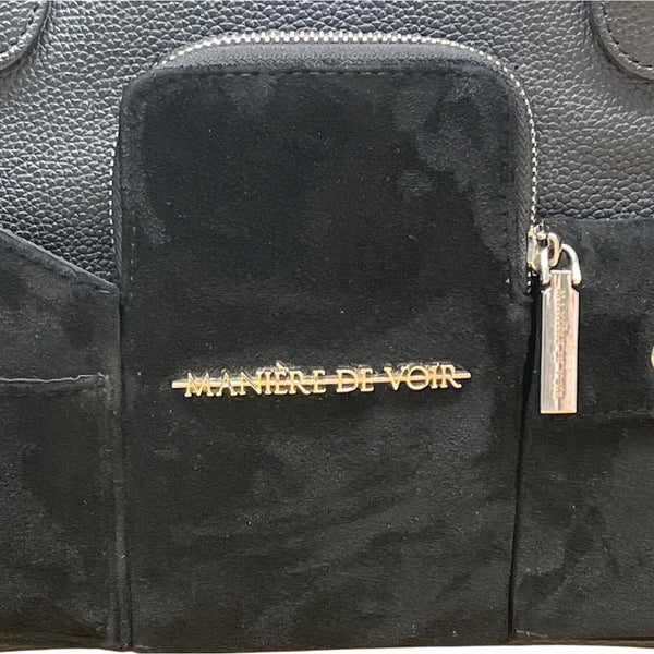 Maniere De Voir Black Faux Leather Looped Handle Multi Pocket City Tote Bag