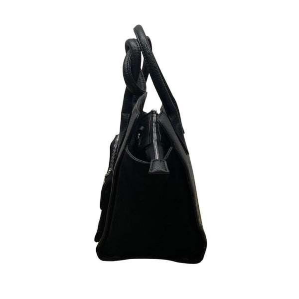 Maniere De Voir Black Faux Leather Looped Handle Multi Pocket City Tote Bag