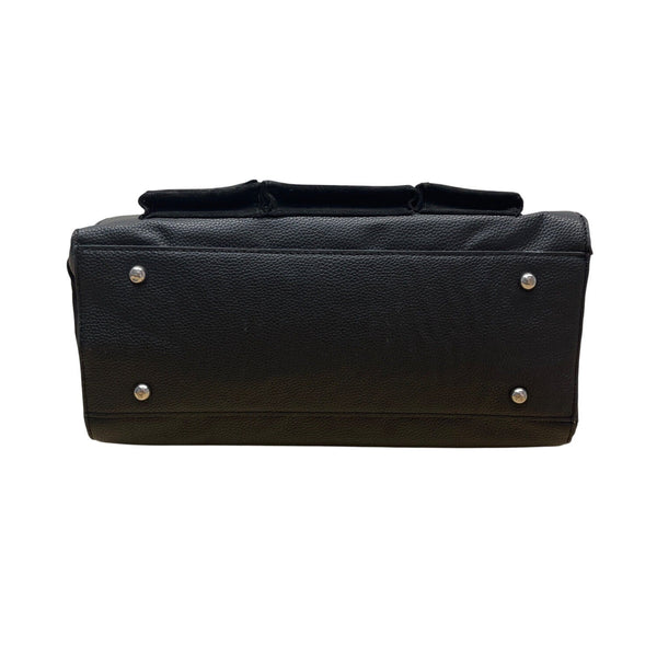 Maniere De Voir Black Faux Leather Looped Handle Multi Pocket City Tote Bag