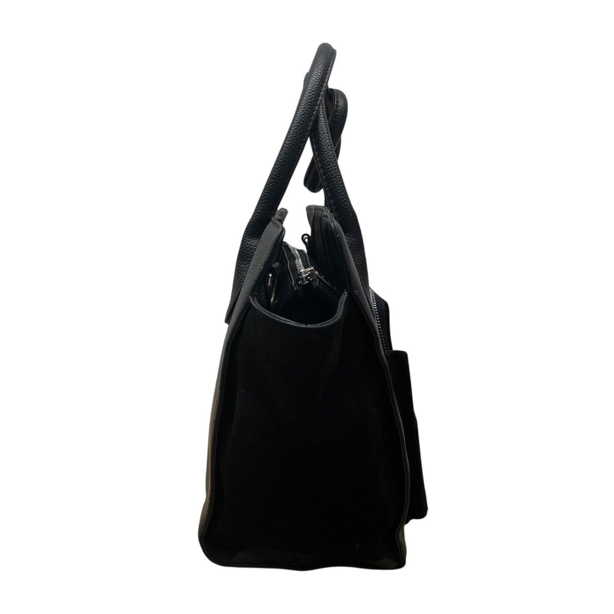 Maniere De Voir Black Faux Leather Looped Handle Multi Pocket City Tote Bag