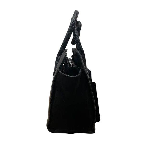 Maniere De Voir Black Faux Leather Looped Handle Multi Pocket City Tote Bag