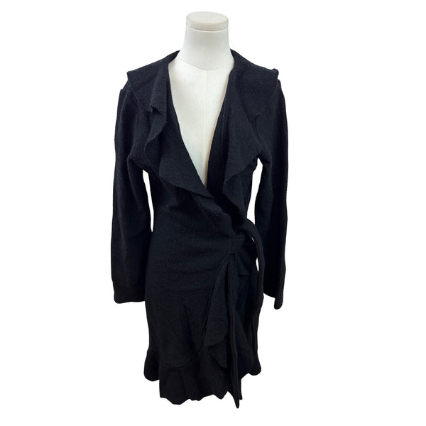 Maria Christina Women's Black Wrap Warm &Ruffled Coat With Waist Tie Sz M