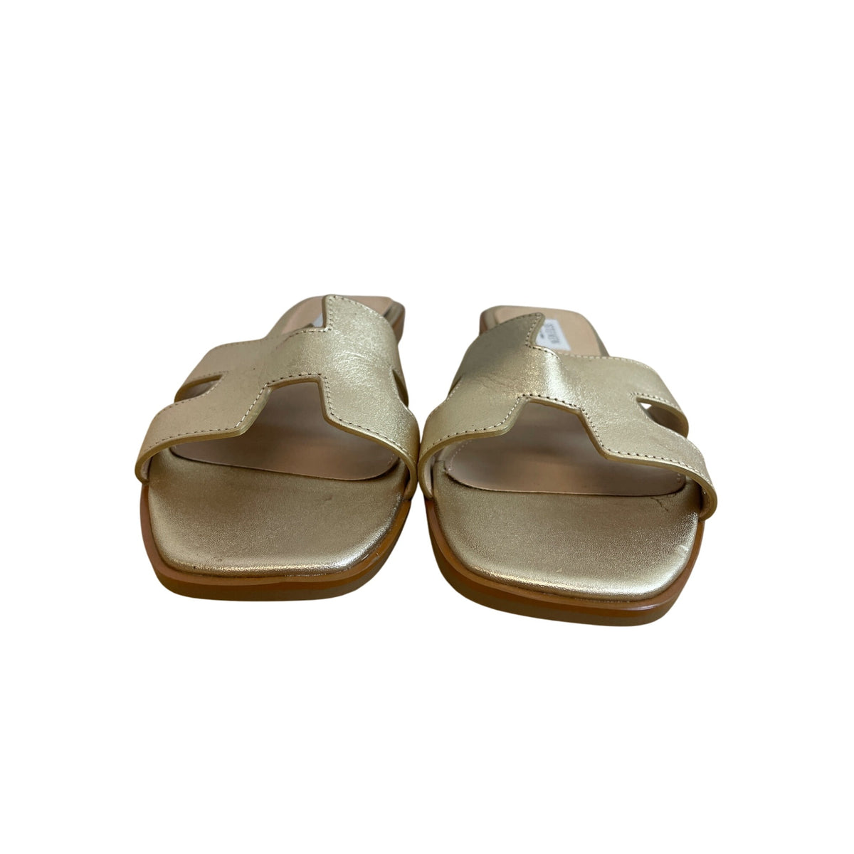 Steven New York Womens Gold Leather Open-Toe Slide Sandals Size 9