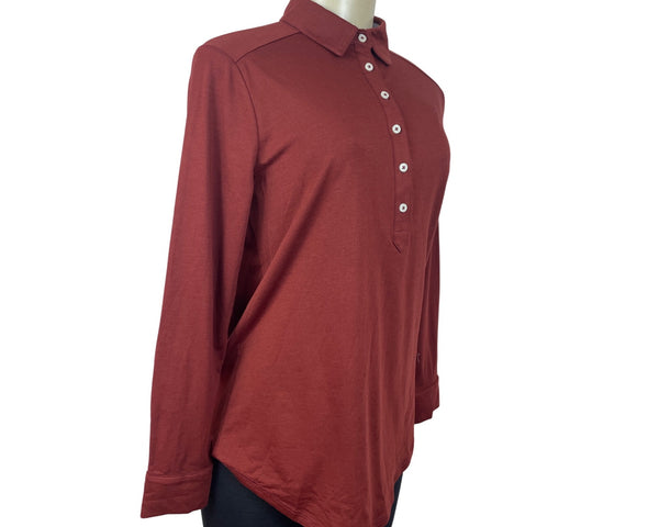 Lands End Womens Long-Sleeve Polo Shirt Red Brown Soft Fit Size SP - New