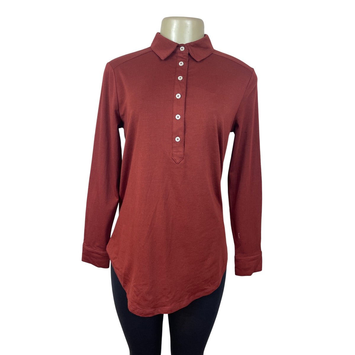 Lands End Womens Long-Sleeve Polo Shirt Red Brown Soft Fit Size SP - New