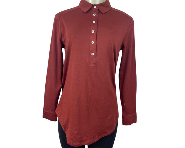 Lands End Womens Long-Sleeve Polo Shirt Red Brown Soft Fit Size SP - New