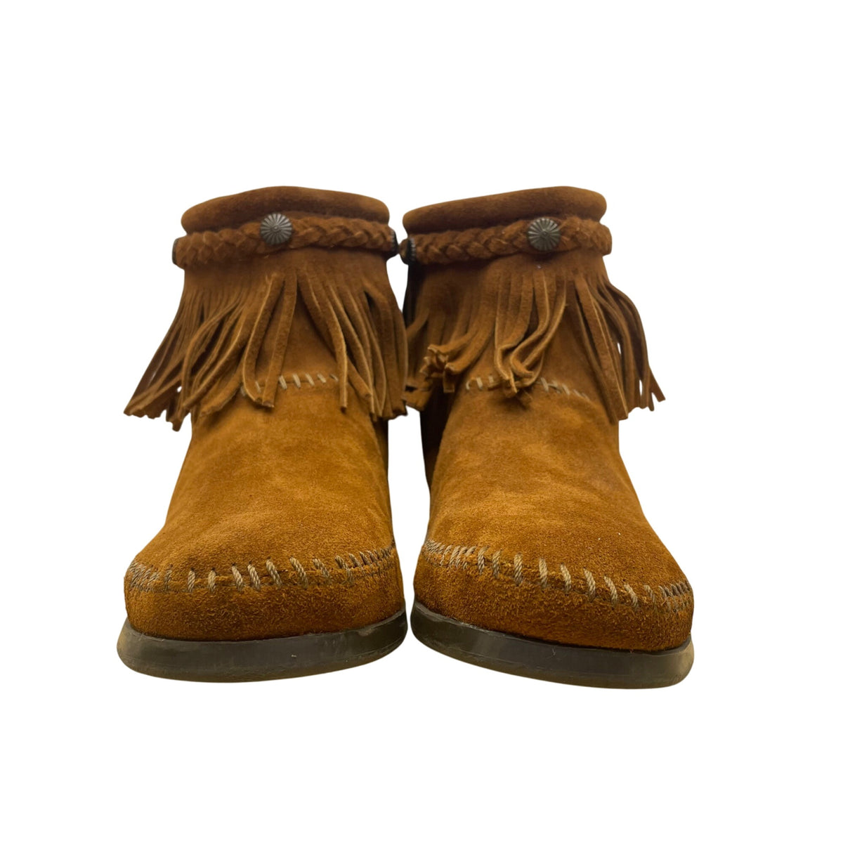 Minnetonka Women’s Dusty Brown Suede Zip Closure Fringe Ankle Boots Size 9