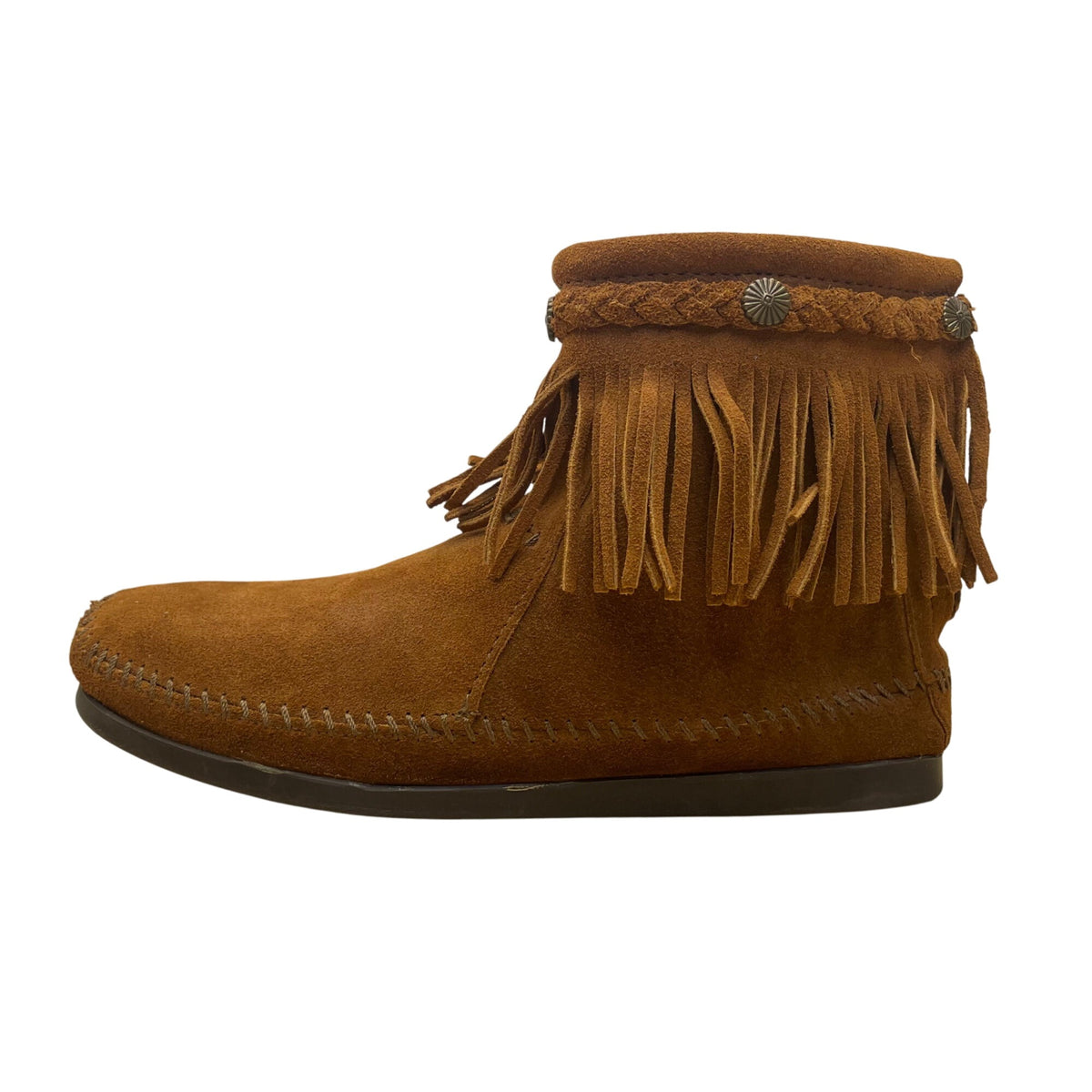 Minnetonka Women’s Dusty Brown Suede Zip Closure Fringe Ankle Boots Size 9