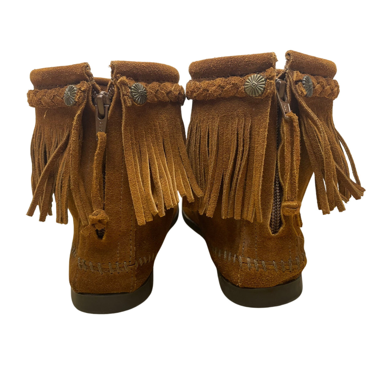 Minnetonka Women’s Dusty Brown Suede Zip Closure Fringe Ankle Boots Size 9
