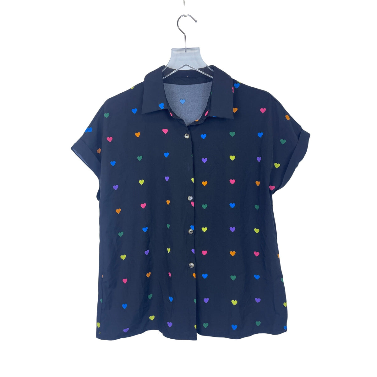 Shein Womens Black Button-Up Shirt With Colorful Heart Pattern Size Medium