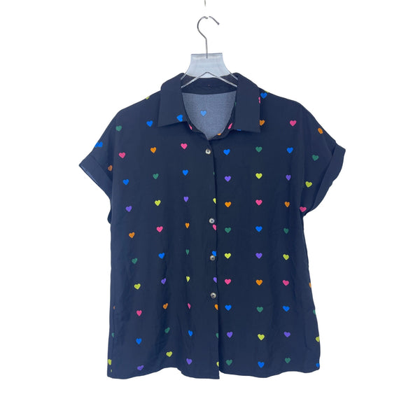 Shein Womens Black Button-Up Shirt With Colorful Heart Pattern Size Medium