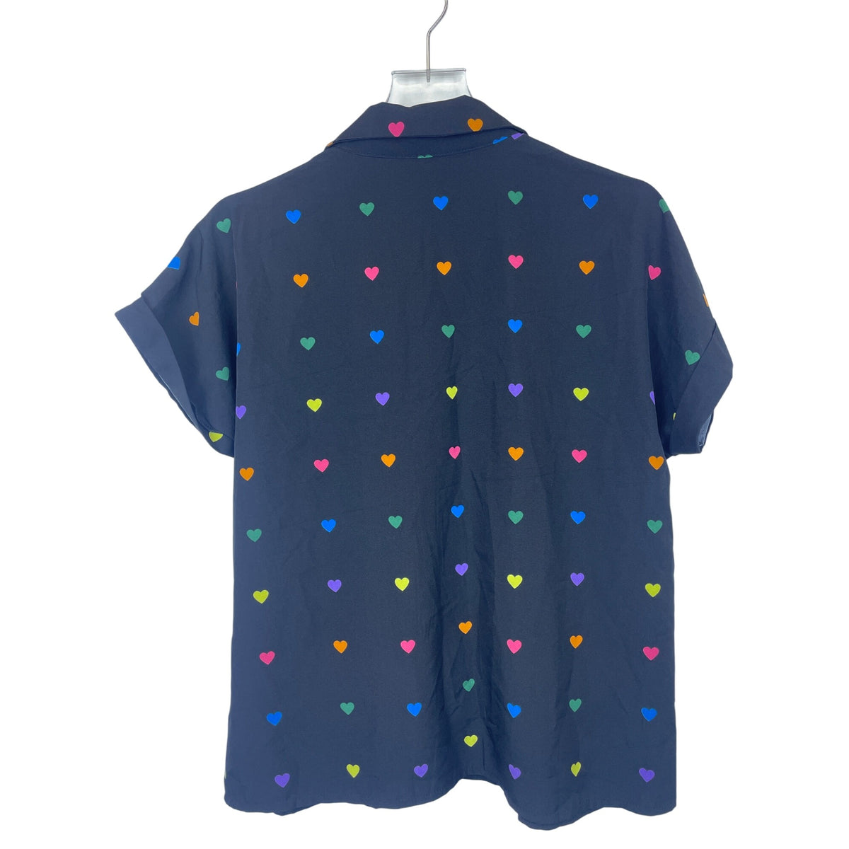 Shein Womens Black Button-Up Shirt With Colorful Heart Pattern Size Medium