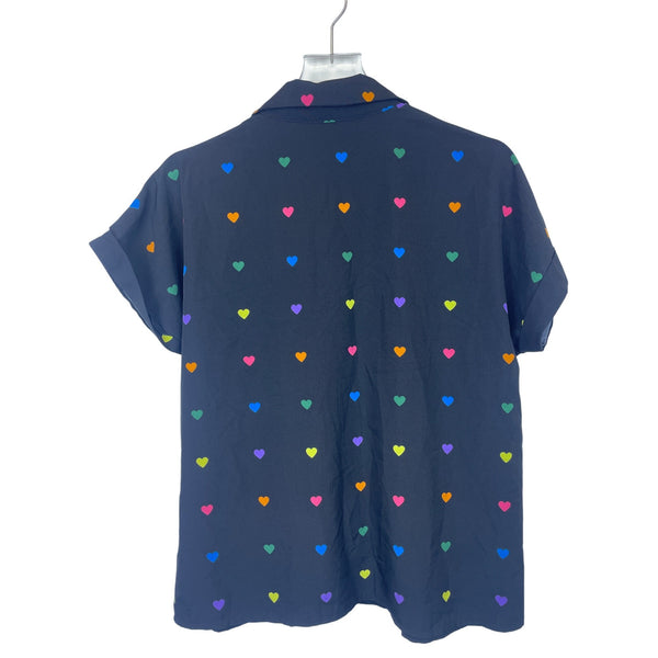 Shein Womens Black Button-Up Shirt With Colorful Heart Pattern Size Medium