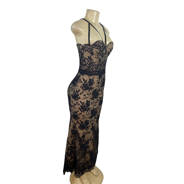 Black Lace Overlay Nude Lined Strappy Corset Midi Dress With Zipper Back