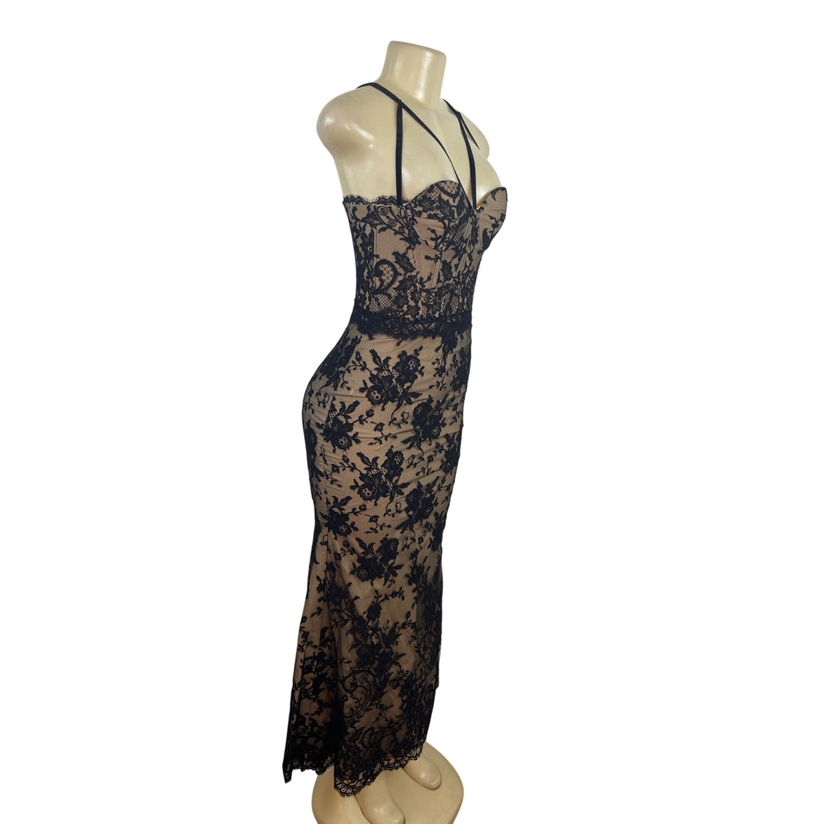 Black Lace Overlay Nude Lined Strappy Corset Midi Dress With Zipper Back