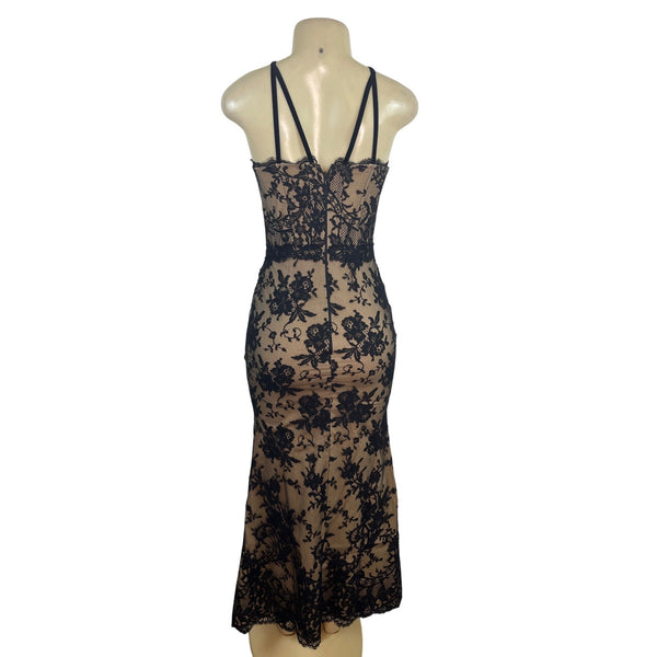 Black Lace Overlay Nude Lined Strappy Corset Midi Dress With Zipper Back