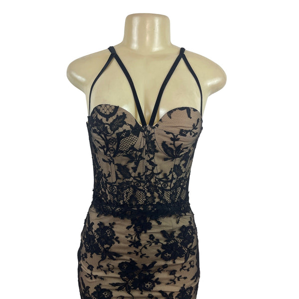 Black Lace Overlay Nude Lined Strappy Corset Midi Dress With Zipper Back