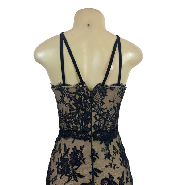 Black Lace Overlay Nude Lined Strappy Corset Midi Dress With Zipper Back