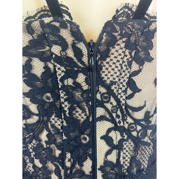 Black Lace Overlay Nude Lined Strappy Corset Midi Dress With Zipper Back