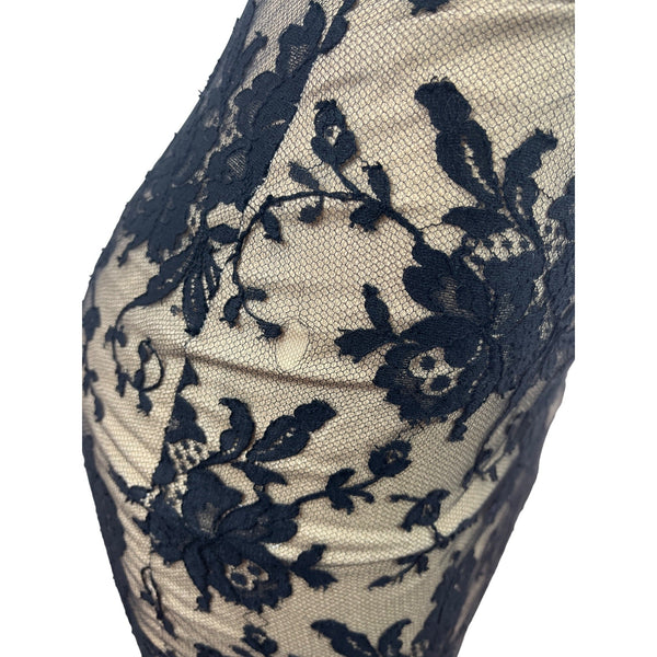 Black Lace Overlay Nude Lined Strappy Corset Midi Dress With Zipper Back