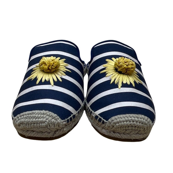 Kate Spade Navy & White Stripes & Yellow Daisy Espadrille Solero Mules Sz 7B