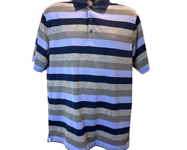 Walter Hagen Men's Blue Striped Short Sleeve Polo Shirt W/ Navy Collar Sz M