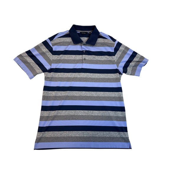 Walter Hagen Men's Blue Striped Short Sleeve Polo Shirt W/ Navy Collar Sz M