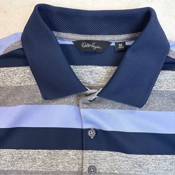 Walter Hagen Men's Blue Striped Short Sleeve Polo Shirt W/ Navy Collar Sz M