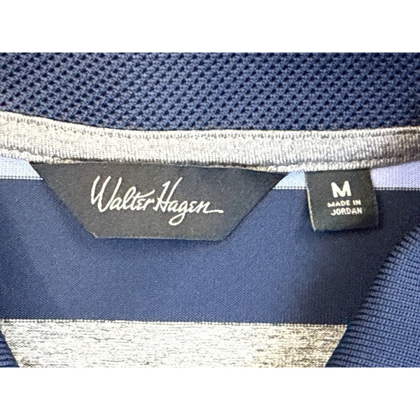 Walter Hagen Men's Blue Striped Short Sleeve Polo Shirt W/ Navy Collar Sz M