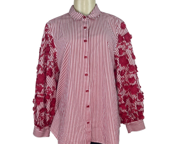 Chicos Red & White Striped Button-Up Shirt W/ Floral Lace Sleeves Size 12
