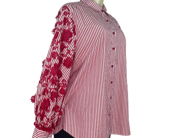 Chicos Red & White Striped Button-Up Shirt W/ Floral Lace Sleeves Size 12