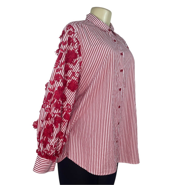 Chicos Red & White Striped Button-Up Shirt W/ Floral Lace Sleeves Size 12