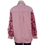 Chicos Red & White Striped Button-Up Shirt W/ Floral Lace Sleeves Size 12