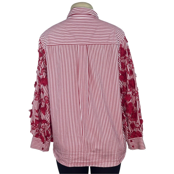 Chicos Red & White Striped Button-Up Shirt W/ Floral Lace Sleeves Size 12
