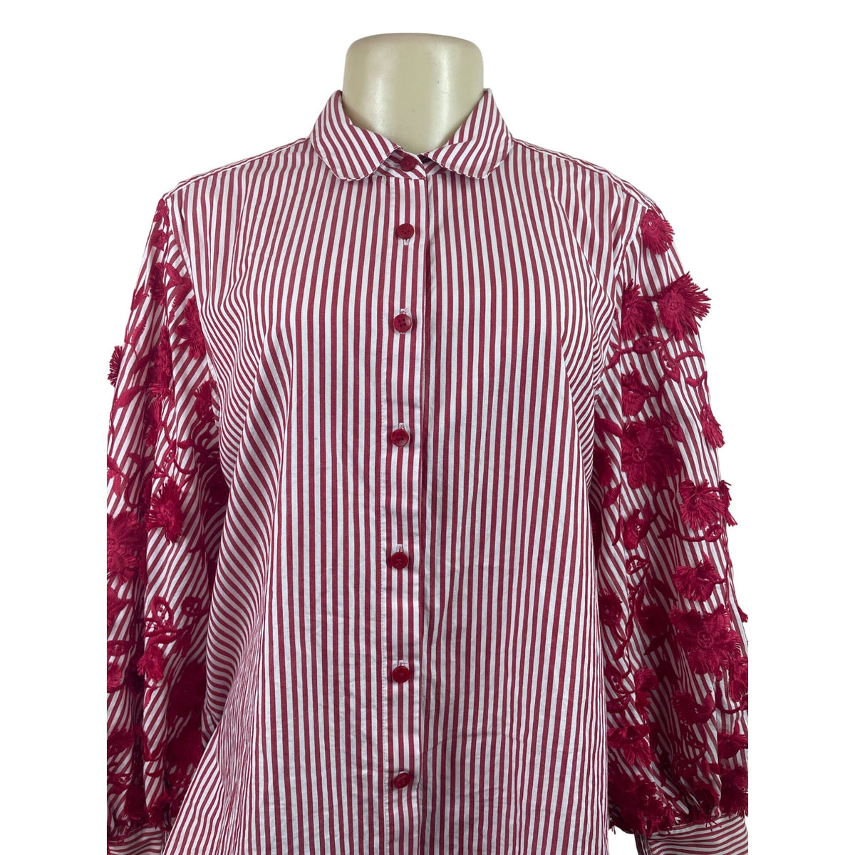 Chicos Red & White Striped Button-Up Shirt W/ Floral Lace Sleeves Size 12