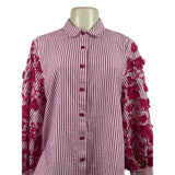 Chicos Red & White Striped Button-Up Shirt W/ Floral Lace Sleeves Size 12