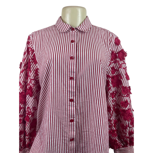 Chicos Red & White Striped Button-Up Shirt W/ Floral Lace Sleeves Size 12