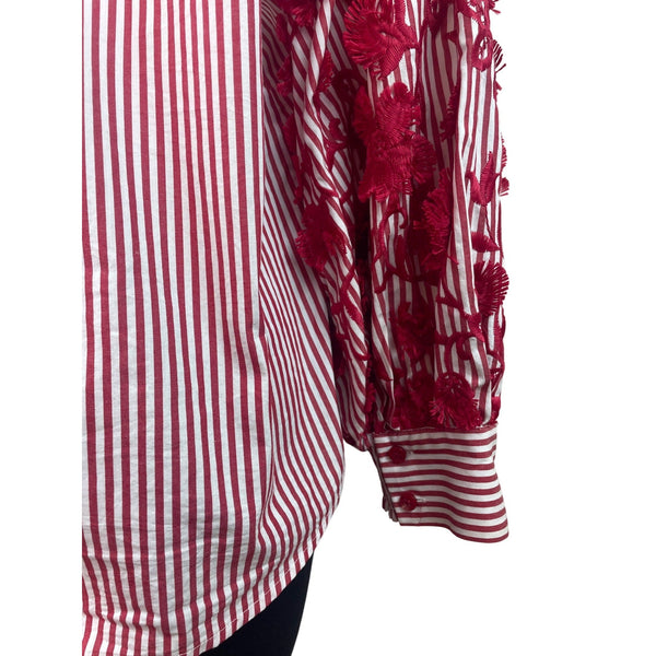 Chicos Red & White Striped Button-Up Shirt W/ Floral Lace Sleeves Size 12