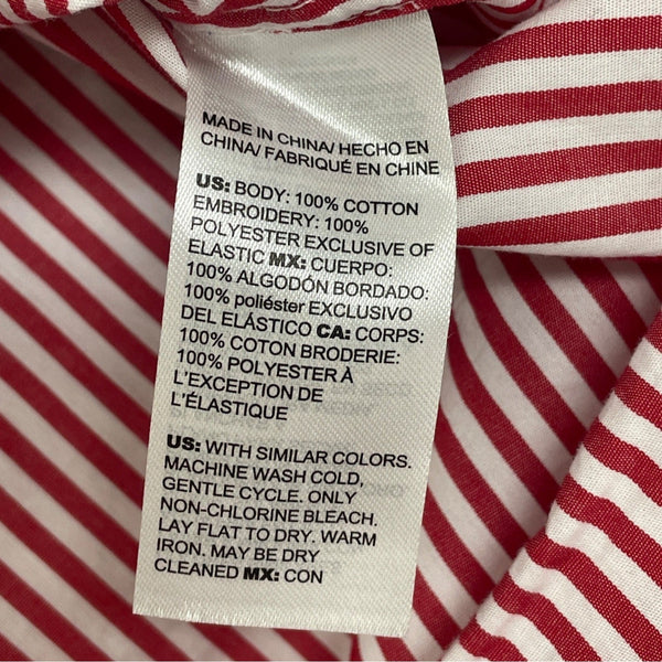 Chicos Red & White Striped Button-Up Shirt W/ Floral Lace Sleeves Size 12