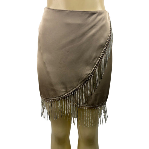 Nasty Gal Women’s Tan  Fringe Mini Skirt With Rhinestone Detail Size S - New