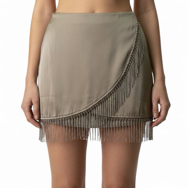 Nasty Gal Women’s Tan  Fringe Mini Skirt With Rhinestone Detail Size S - New