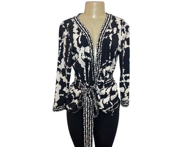 BCBGMAXAZRIA Womens Black & White Tie-Front Long Sleeve Top Sz L