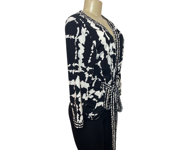 BCBGMAXAZRIA Womens Black & White Tie-Front Long Sleeve Top Sz L
