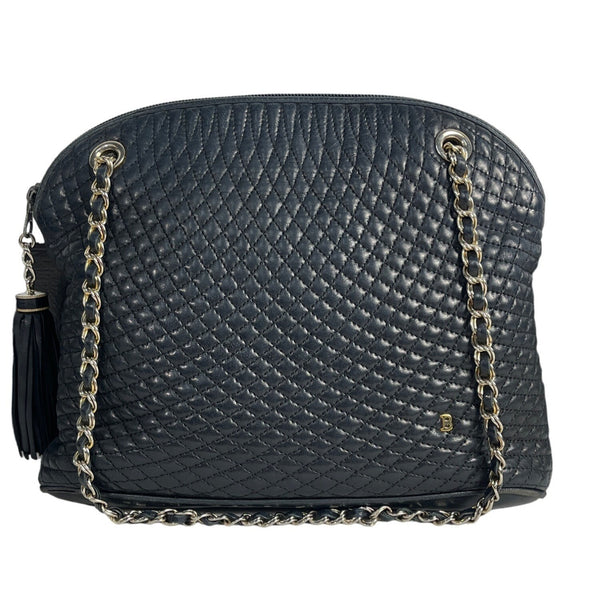 Vintage Bally Women's Dark Blue Quilted Leather Chained Strap Shoulder Bag Sz M