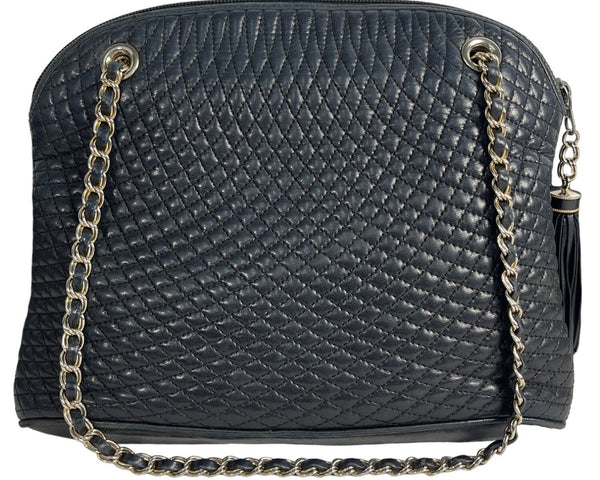 Vintage Bally Women's Dark Blue Quilted Leather Chained Strap Shoulder Bag Sz M